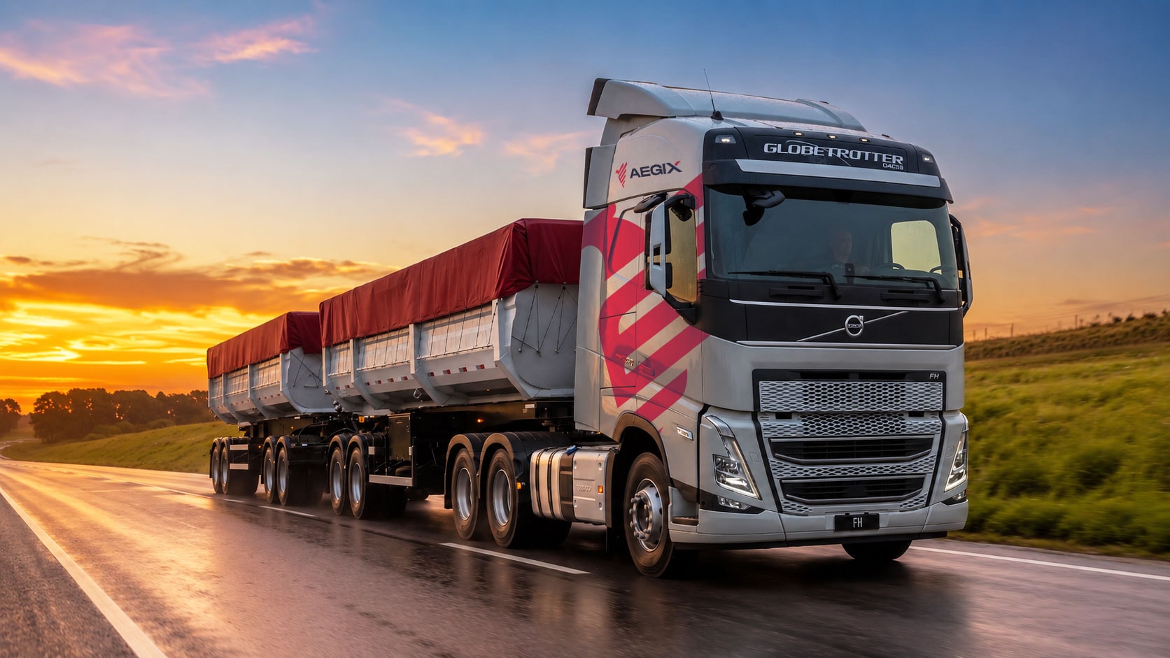 Carreta Volvo FH Globetrotter AegiX em rodovia ao pôr do sol
